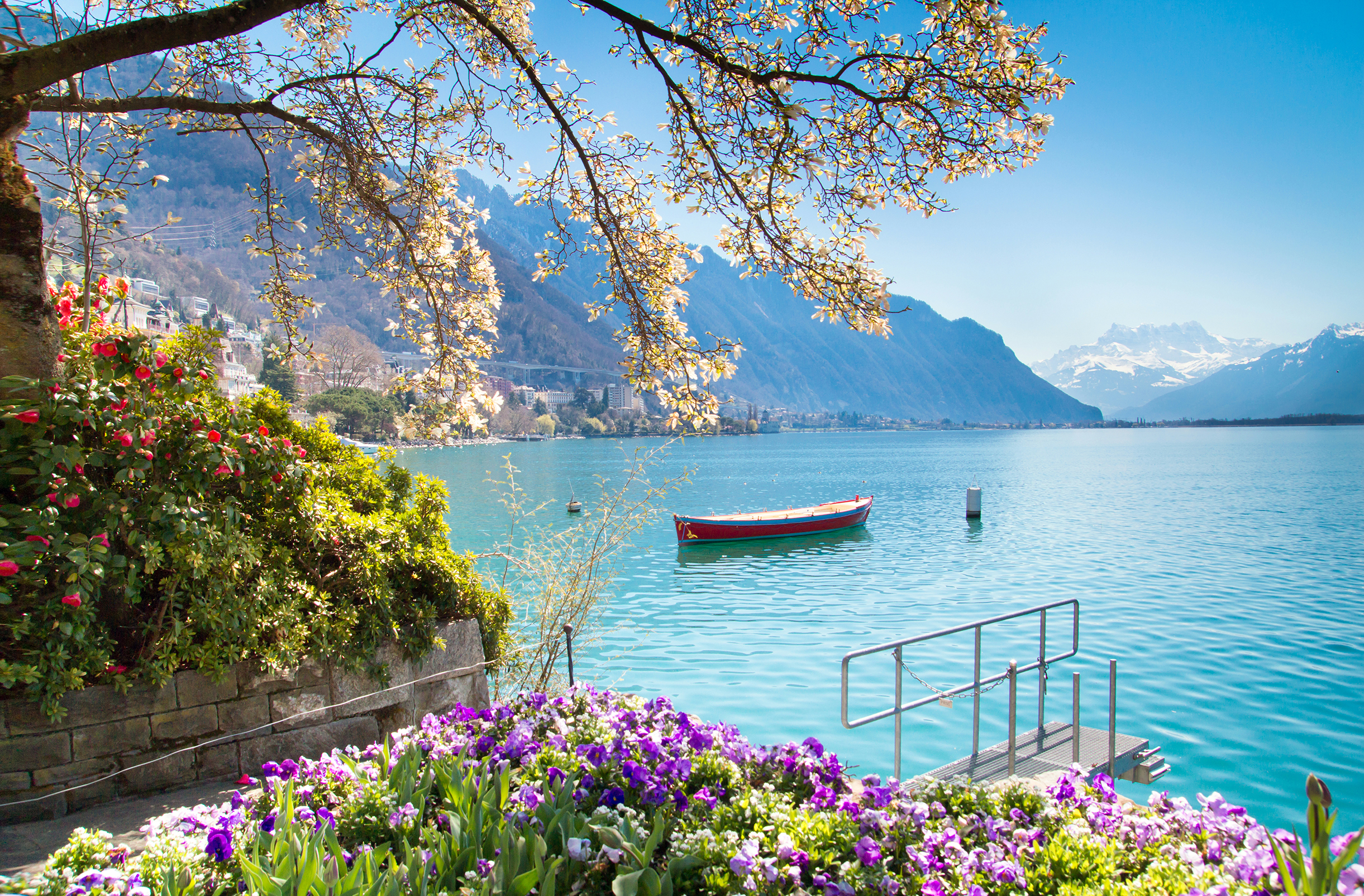 Flowers, Mountains and Lake Geneva in Montreux, Switzerland