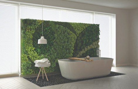 Scandinavian bathroom with vertical garden, white minimalistic interior design